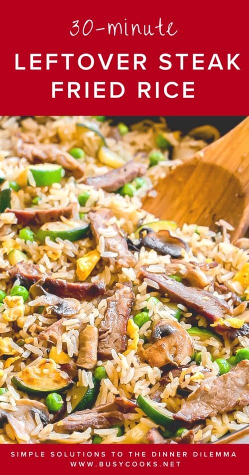 Leftover steak fried rice is quick and easy dinner for a family. It's also great way to sneak in some veggies for picky eaters too! Leftovers never tasted this good! #leftoversteak #friedrice #easydinnerrecipe #quickdinner #busycooks