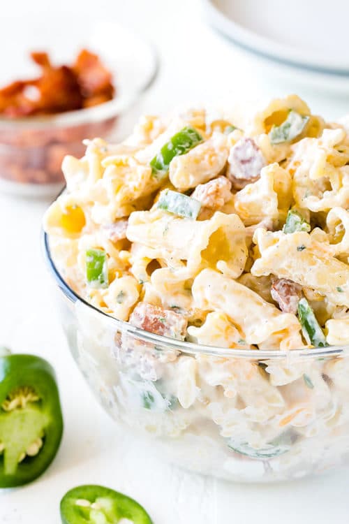 Time-Saving Tips to Make this easy Jalapeno Popper Pasta Salad, quick and easy crowd-pleasing side dish. #pastasalad #sidedish #quickpastasalad #easypastasalad #jalapenopopper #busycooks