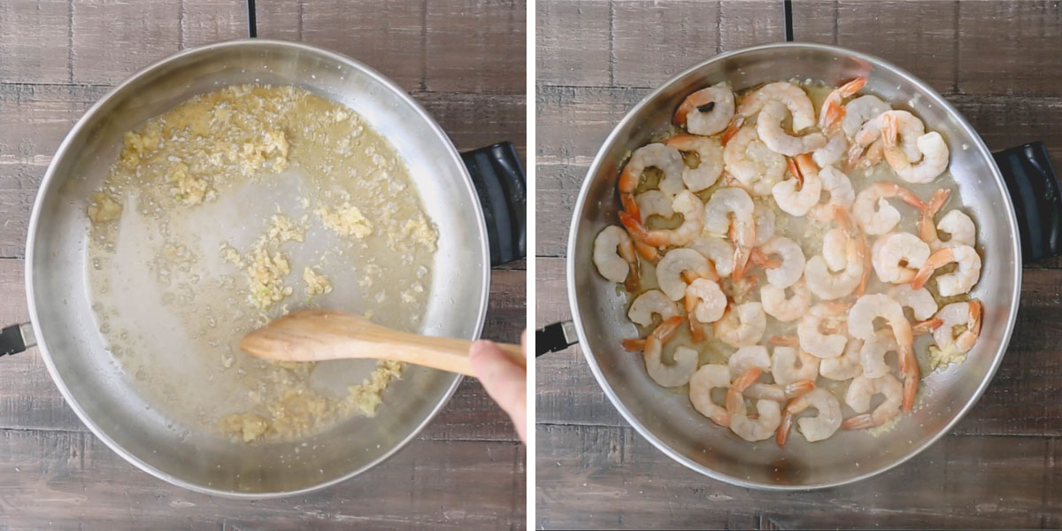Side by side images of sauteing garlic in oil and shrimp.