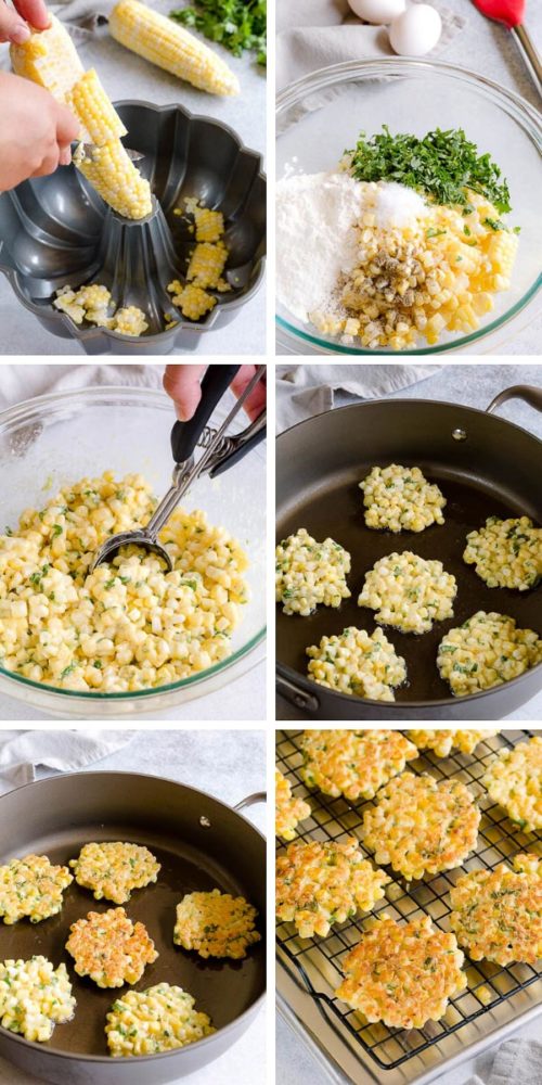 Step by step photo directions for delicately light and crisp corn fritters with just a few simple ingredients and all in one bowl! #cornfritters