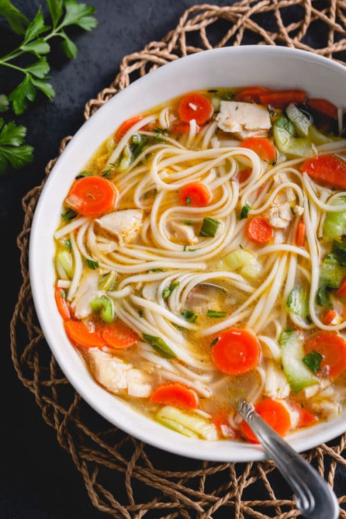 This Chicken Noodle Soup is super quick comfort food that is ready in less than 30 minutes! The rich and flavorful taste is thanks to my homemade chicken stock. And it’s really easy to change things up with different vegetables, noodles, and herbs! This is going to be one of your favorite recipes, quick, easy and wholesome!