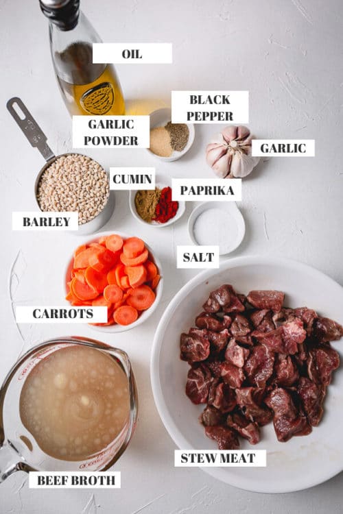 Simple ingredients for beef and barley pilaf cooked in Instant Pot. #InstantPotDinner #hulledbarley #barleypilaf