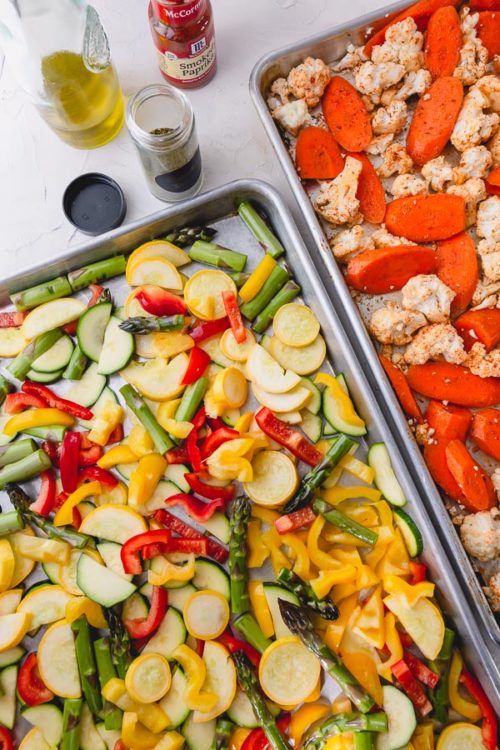 A complete guide to oven roasted vegetables, including a handy cheatsheet for ideal roasting time for any vegetables, storing tips and serving ideas! #roastedvegetables