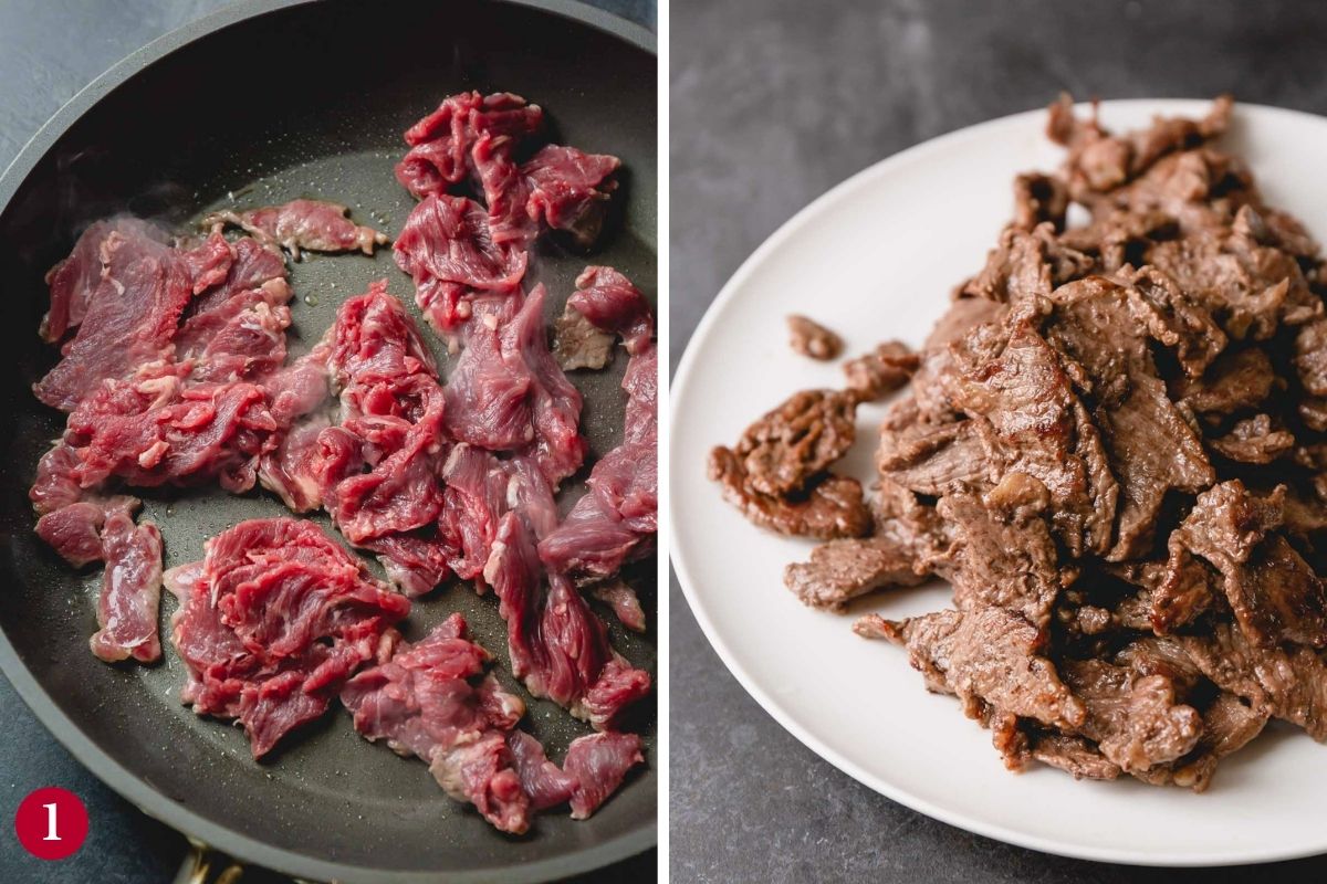Side by side images of raw and cooked slices of beef.
