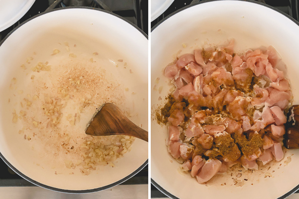Side by side images of sautéed onions and raw chicken.