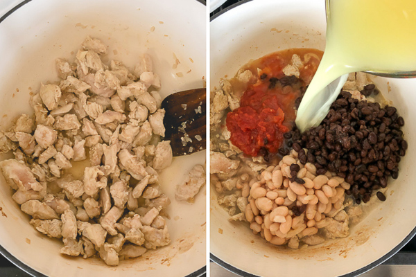 Step by step, adding ingredients to a Dutch oven make white chicken chili soup.