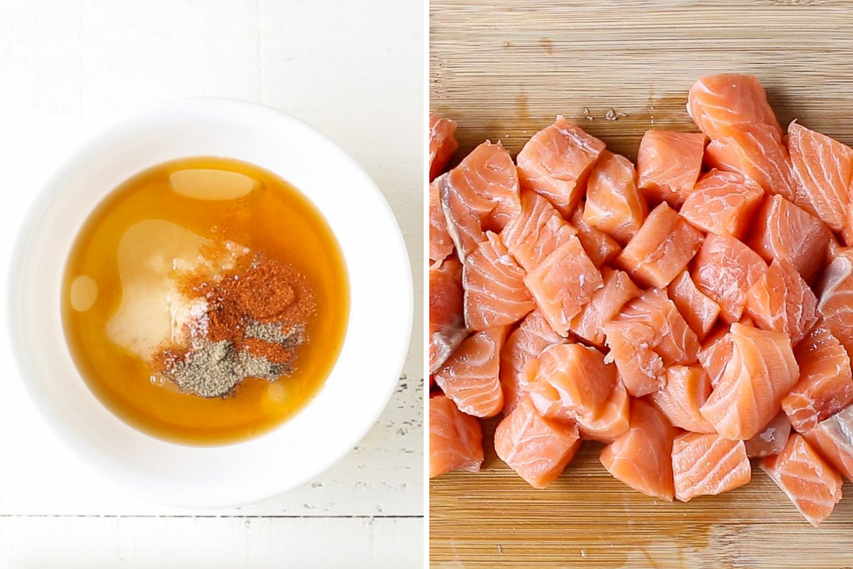 side by side image of marinade in a bowl and chopped salmon.