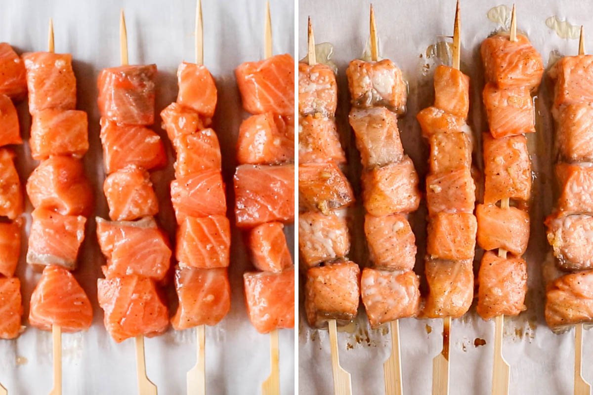 side by side image of salmon skewers, raw on the left and baked on the right.