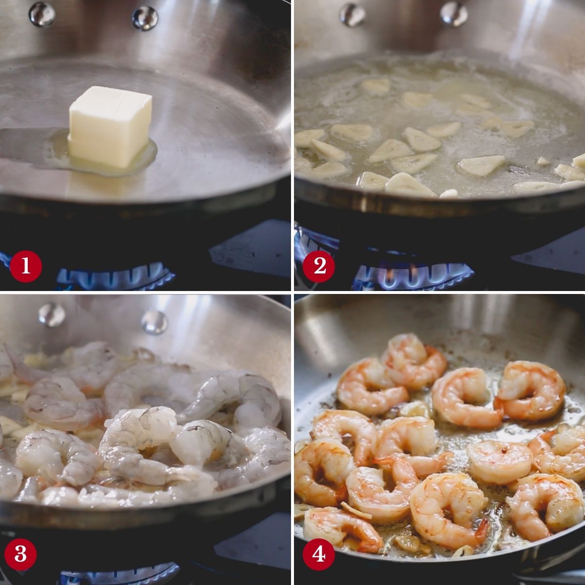 4 step by step images of making garlic butter shrimp.