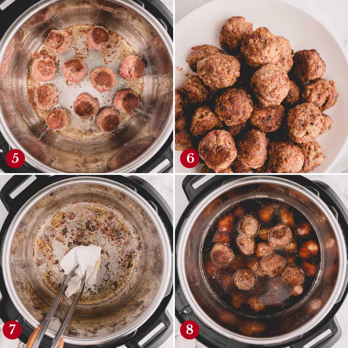 Step by step images of searing and cooking meatballs in Instant Pot.