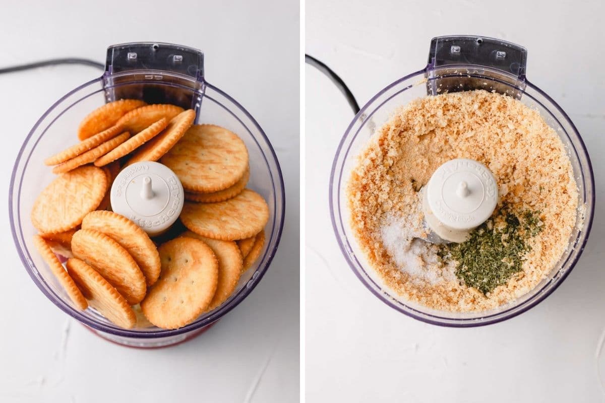 2 step by step images of making cracker crumbs with seasonings in a food processor.