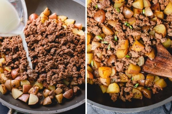Side by side images of potatoes mixed with ground beef and broth in a skillet.