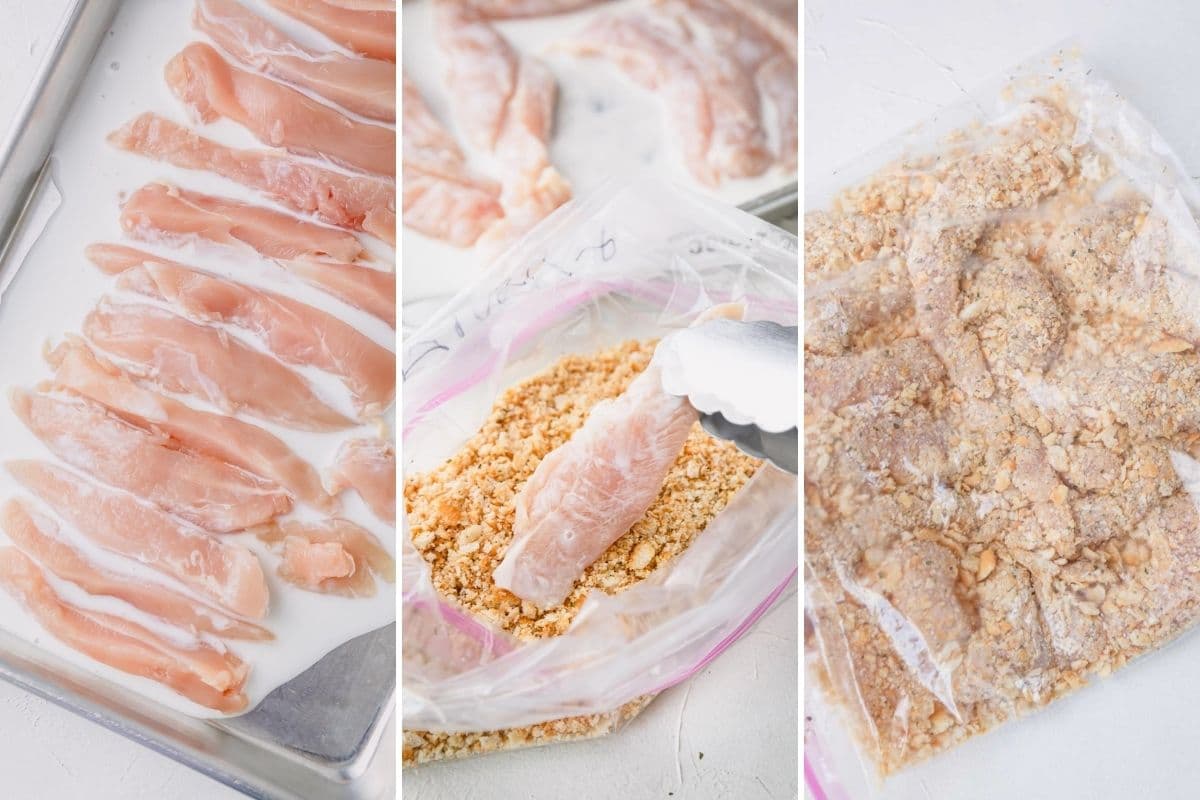 Step by step on how to coat chicken tenders.