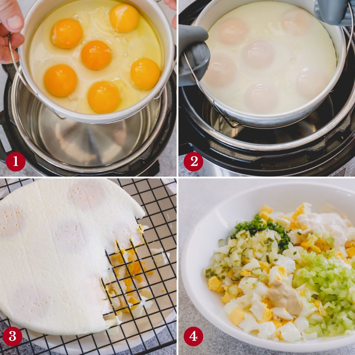 Step by step images of making egg salad in an Instant Pot.
