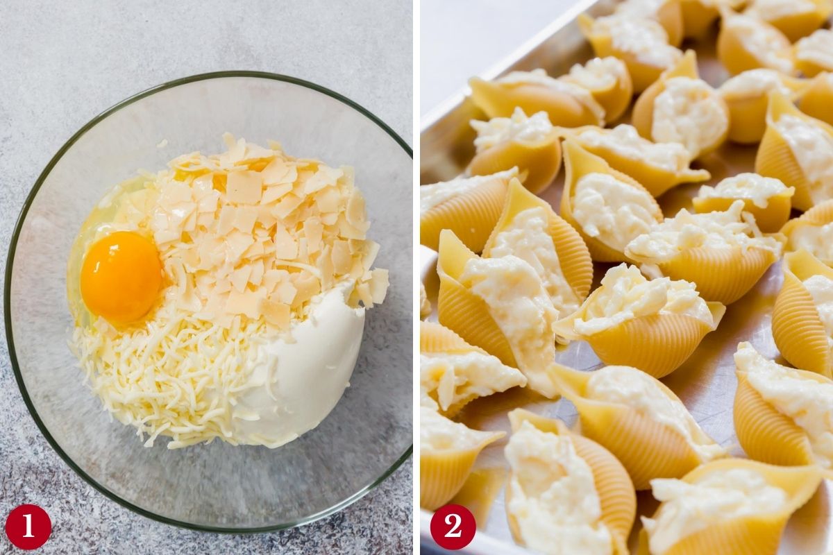 Step by step Instant Pot stuffed Shells filling the pasta. 