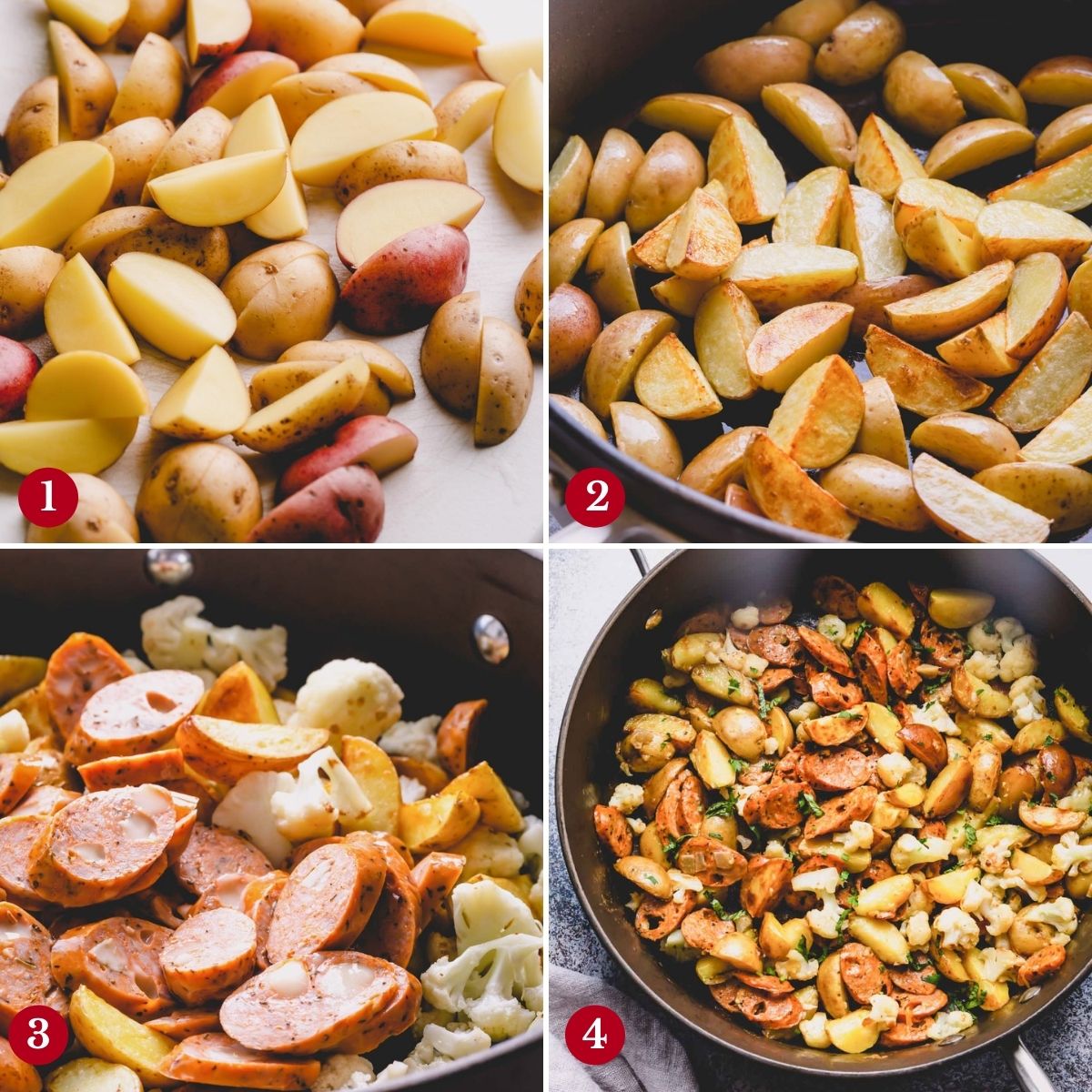 Step by step photos of making Chicken Sausage Potatoes Skillet.
