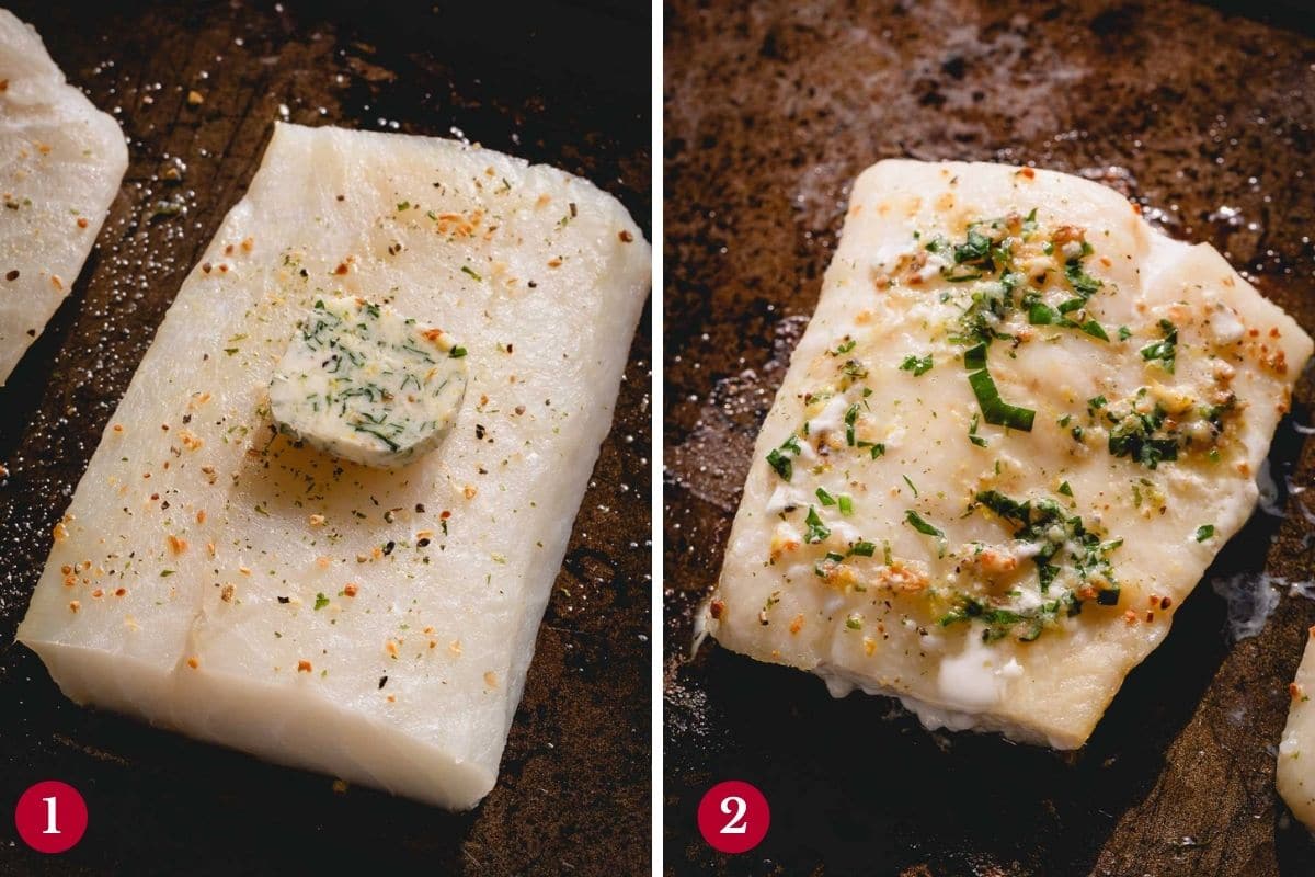Side by side images of raw and baked cod topped with lemon pepper butter.