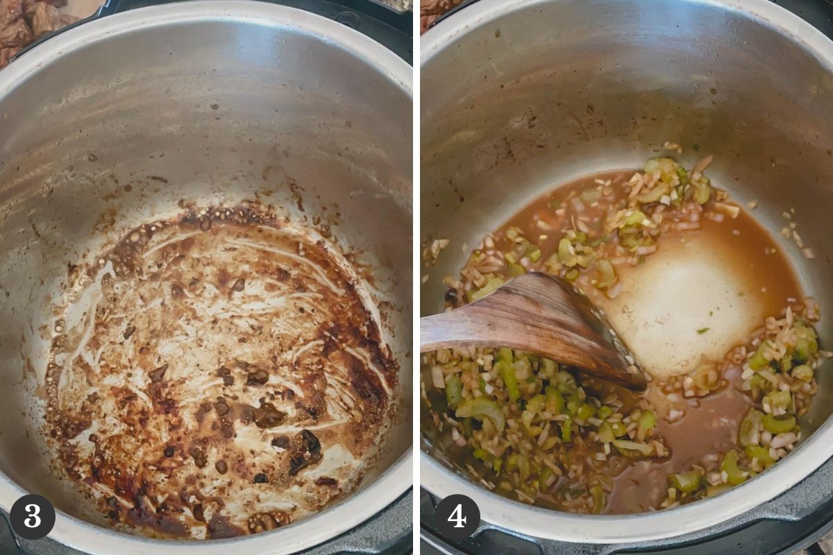 Deglazing and sauting chopped onion and celery in Instant Pot.