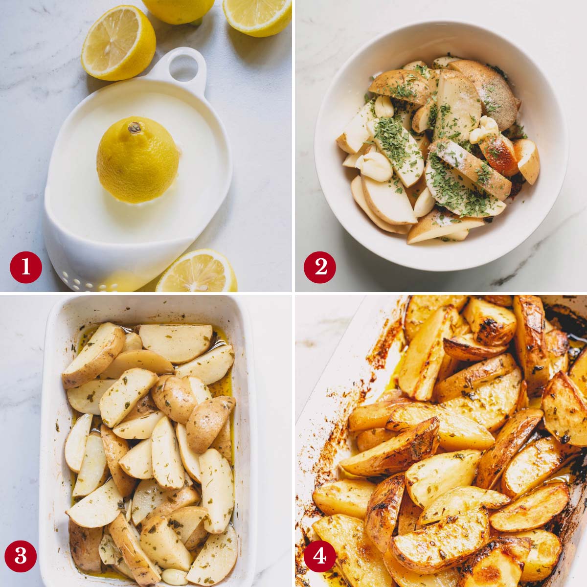 Step by step photos of making Greek lemon roasted potatoes.