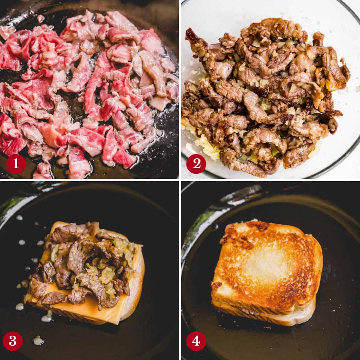 Step by step photos of making steak grilled cheese.