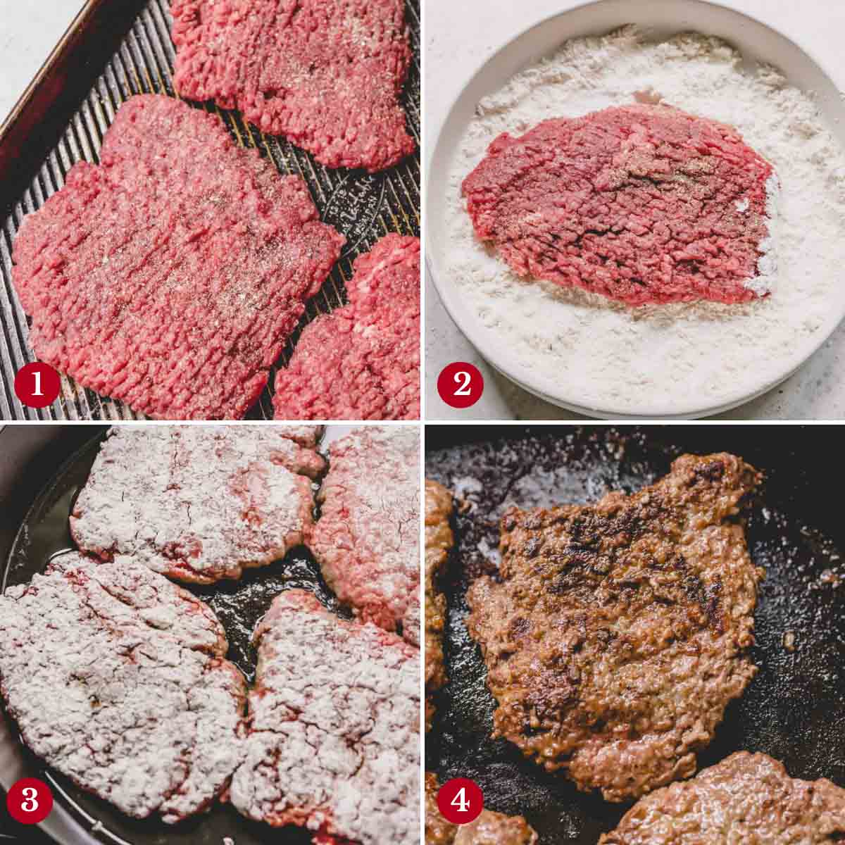 Step by step photos of frying cubed steaks rubbed with flour and seasonings.