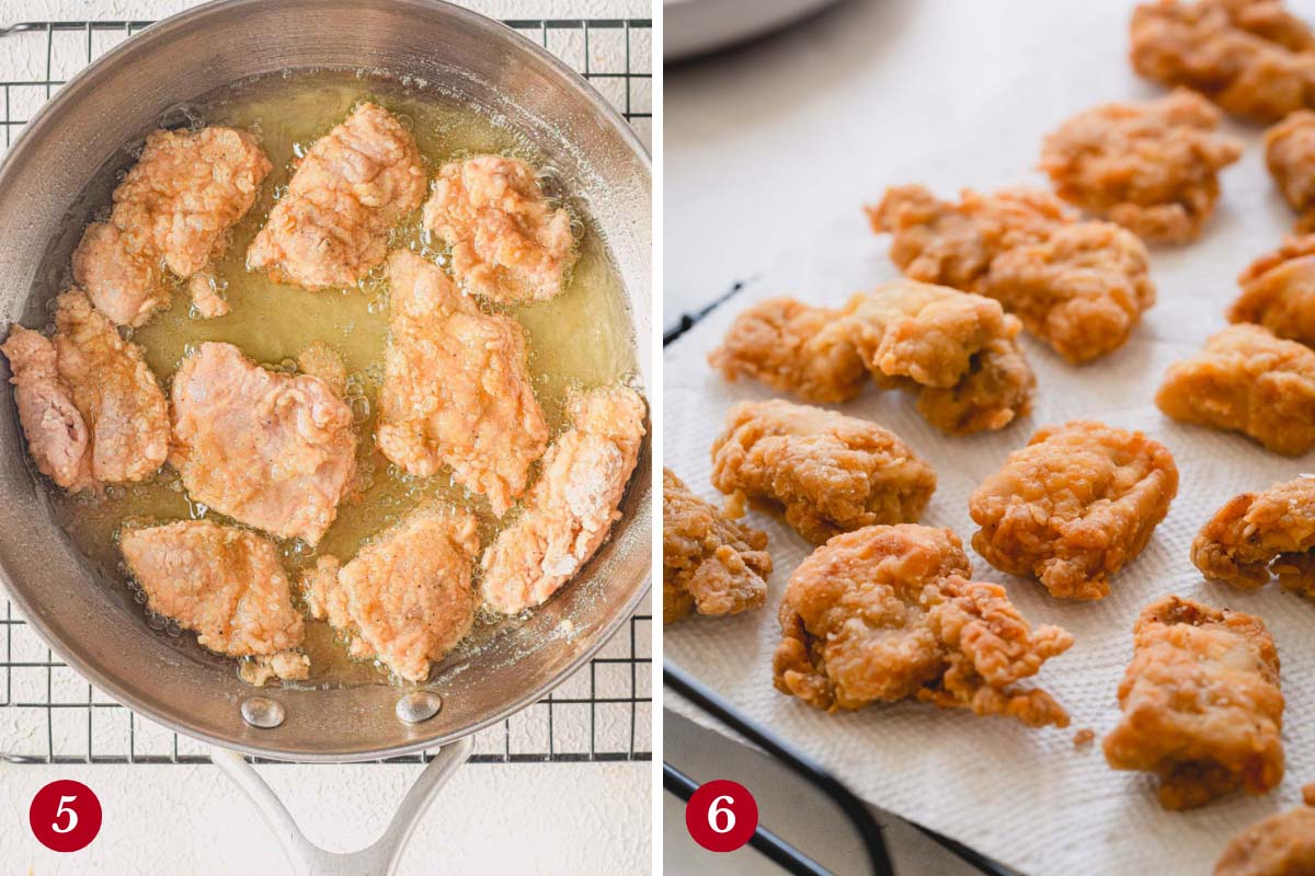 Side by side images of frying mochiko chicken.