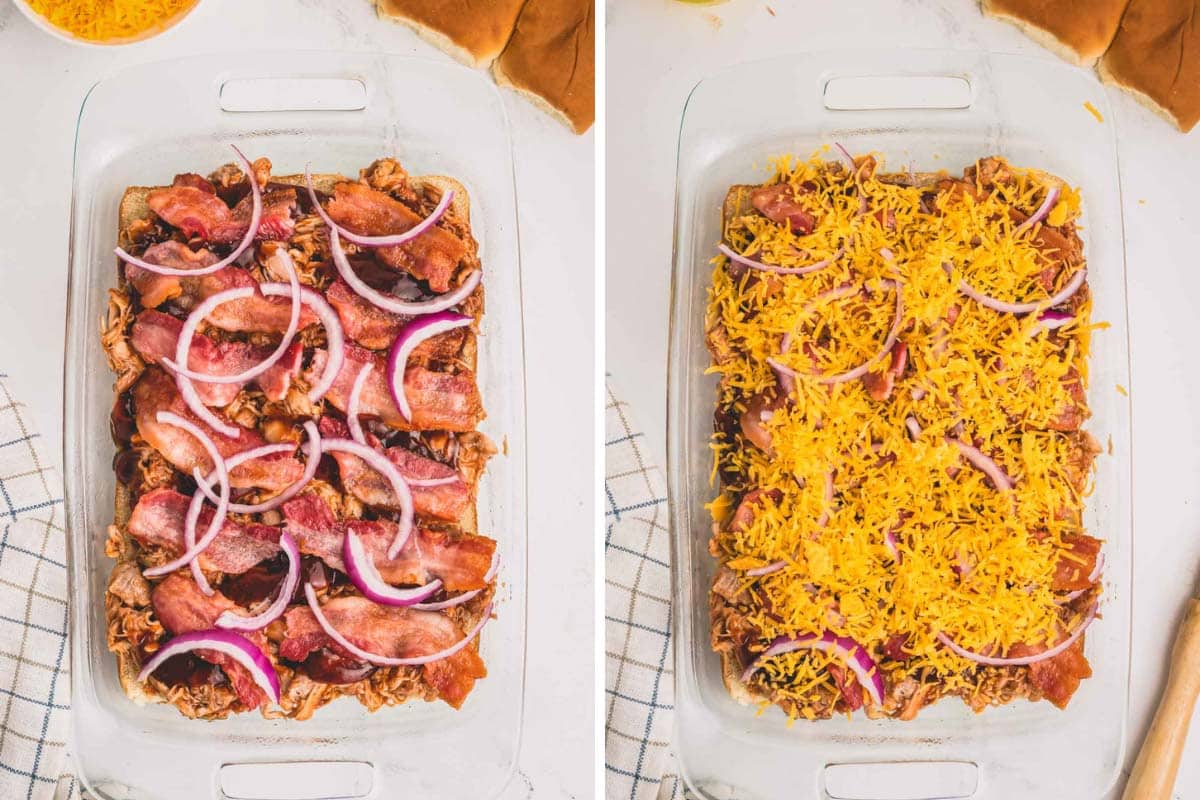 Side by side images of adding bacon, red onions and cheese.
