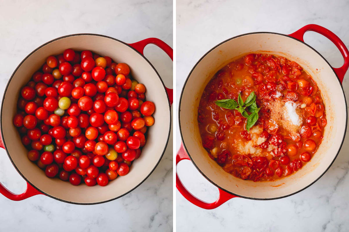Side by side images of cooking cherry tomatoes in a dutch oven.