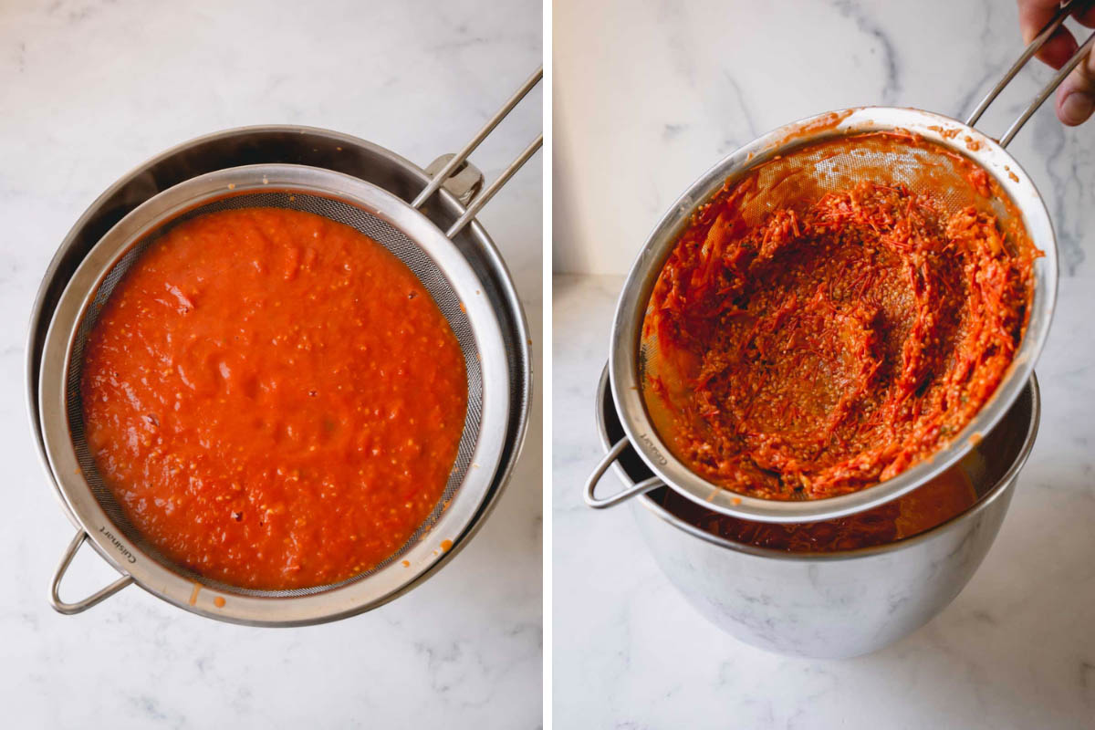 Side by side images of straining the tomato sauce through a sieve.