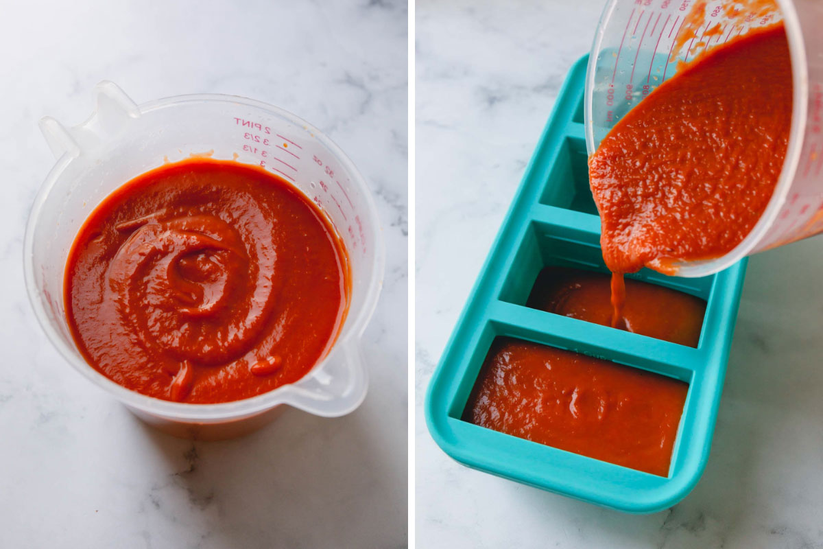 Side by side images of the tomato sauce in a measuring cup and poured into freezer container.