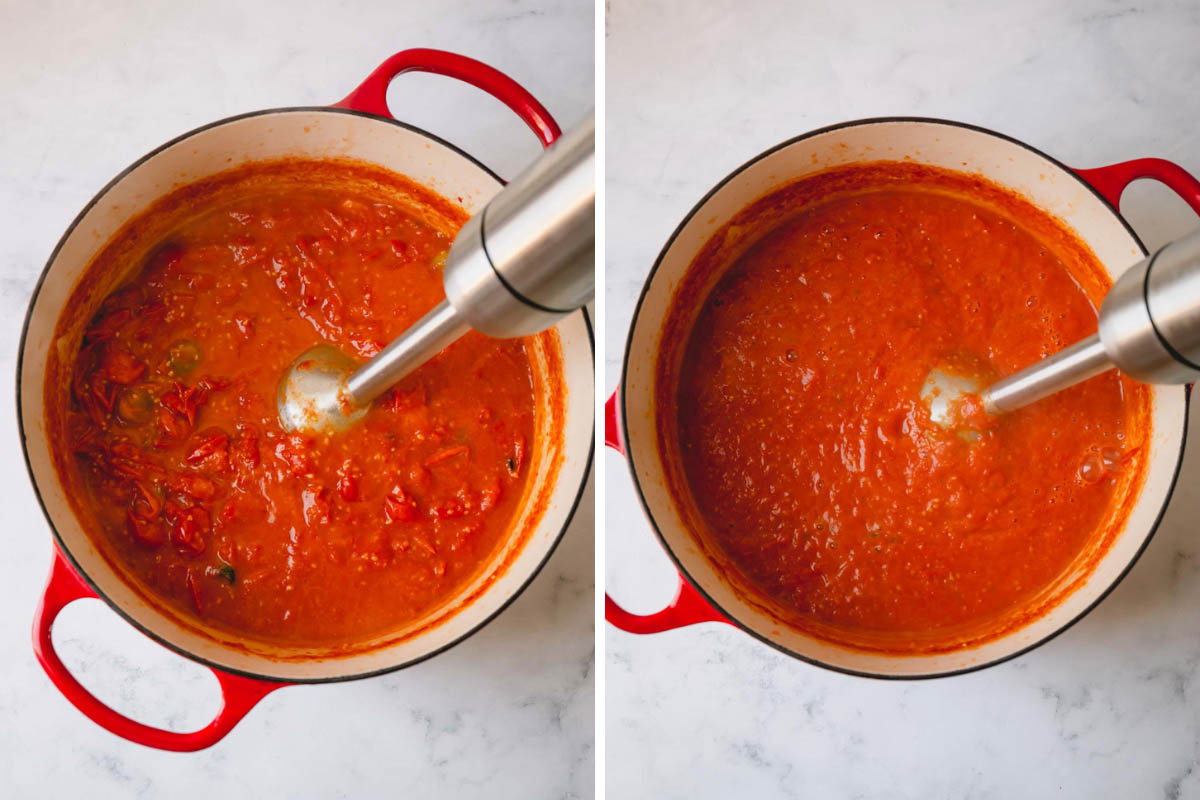 Side by side images of tomato sauce in a Dutch oven blended with an immersion blender.
