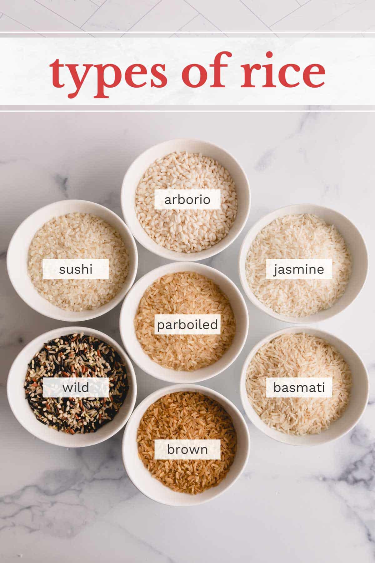 7 types of rice in separate white bowls.