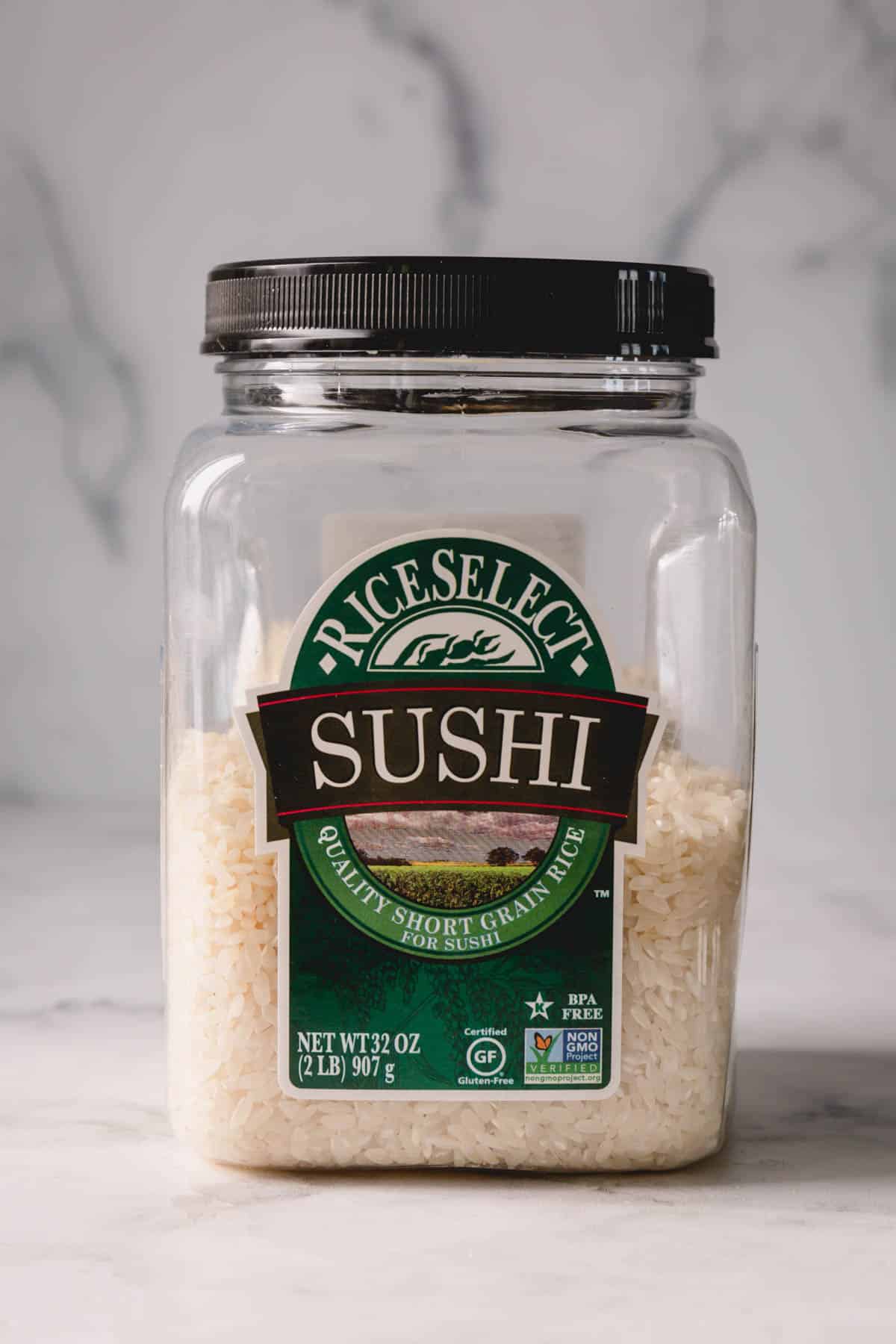 A plastic bottle of sushi rice.
