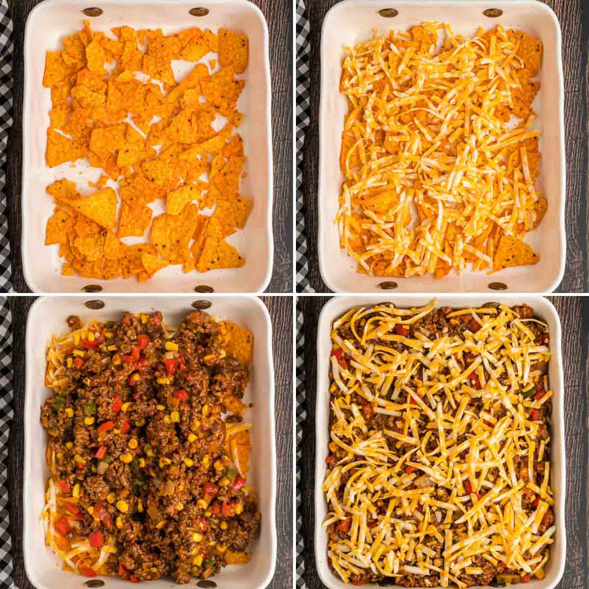Step by step photos of assembling doritos, cheese, and ground beef in a baking dish.