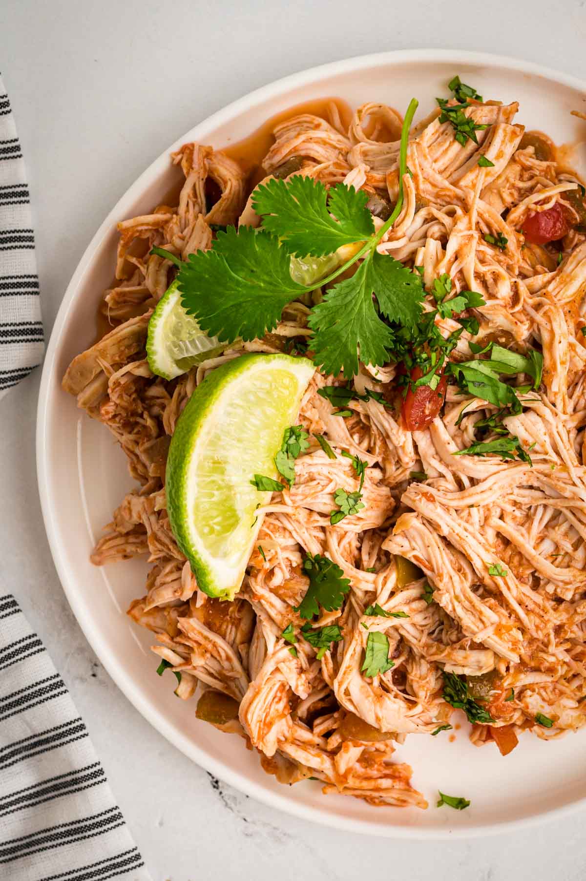 shredded salsa chicken with lime and cilantro.