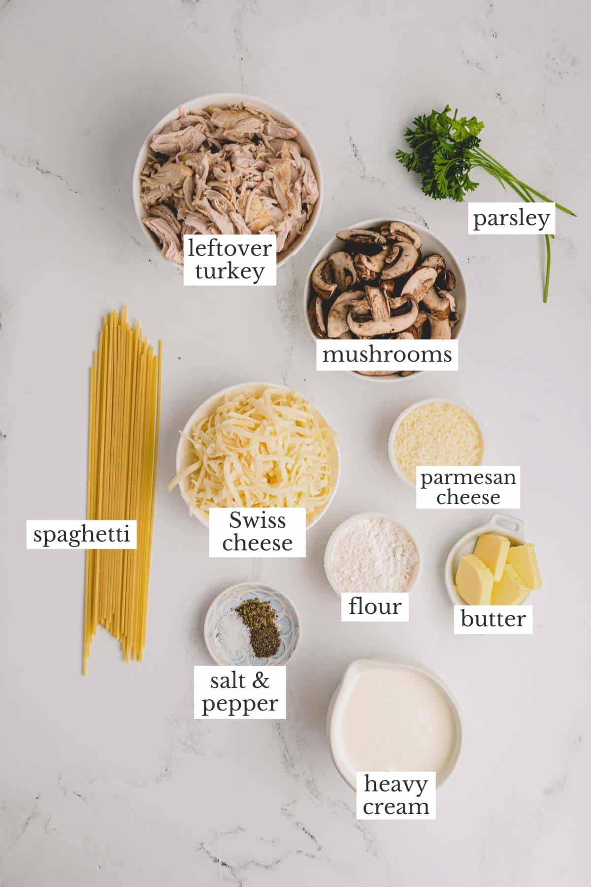 Ingredients for turkey tetrazzini.