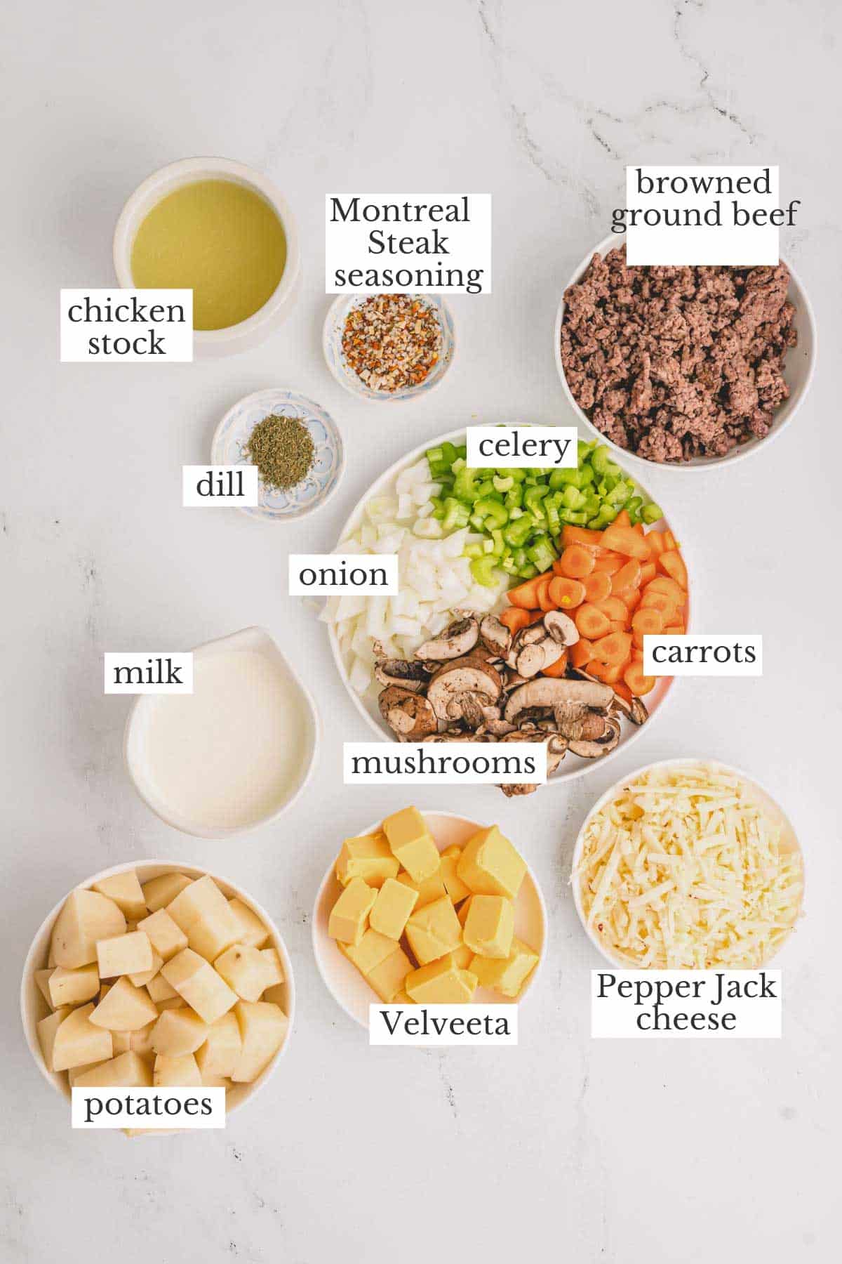 ingredients for crockpot cheeseburger soup.