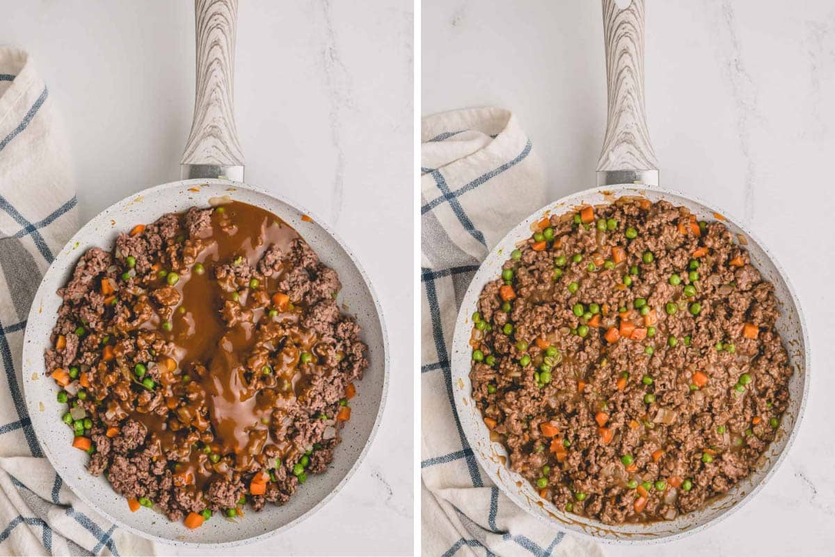 a skillet with ground beef and veggies in gravy.