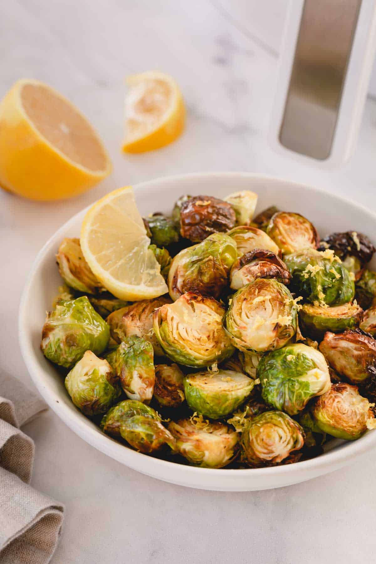 a bowl of air fried brussels sprouts.