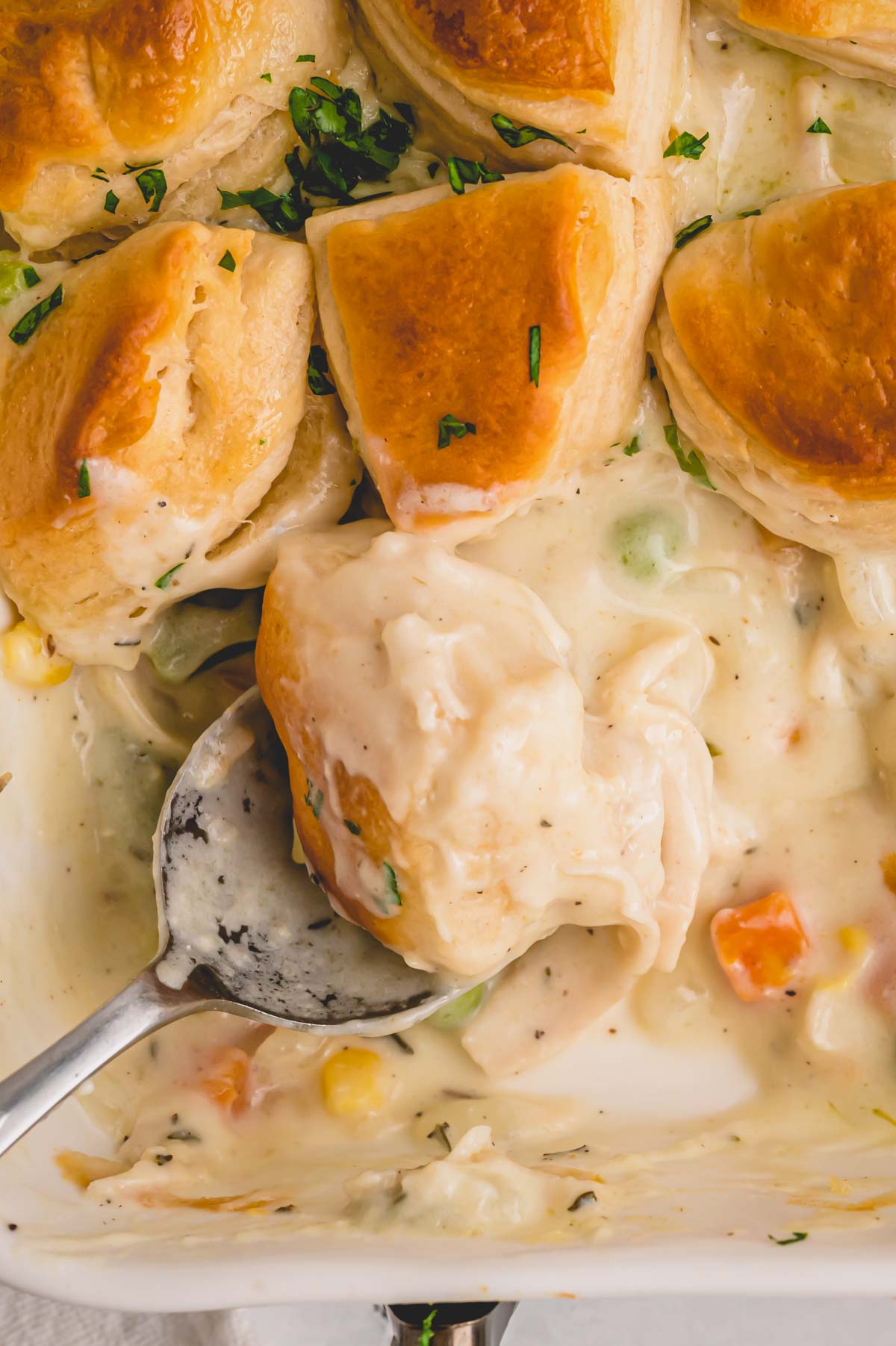 a scoopful of biscuit and pot pie filling.