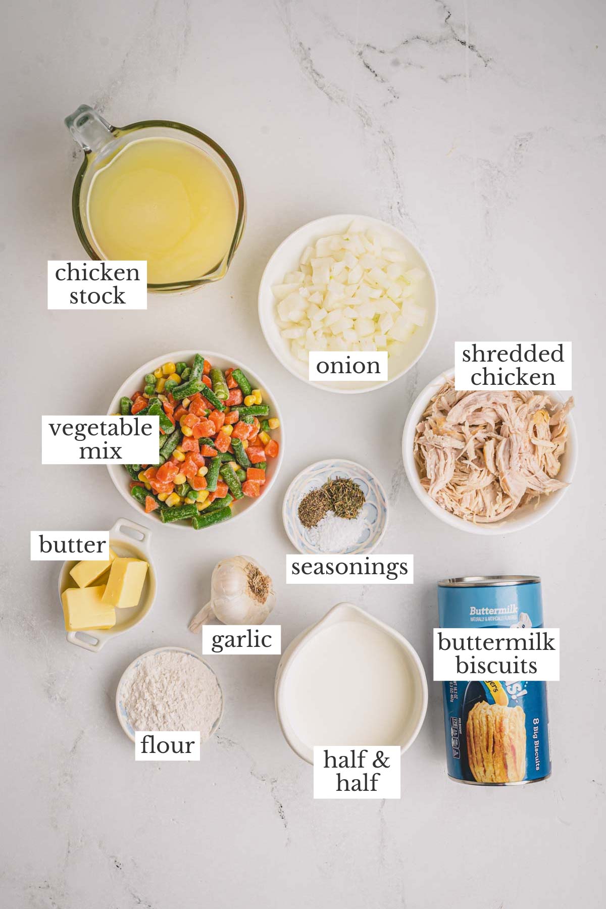 Ingredients for chicken pot pie casserole.