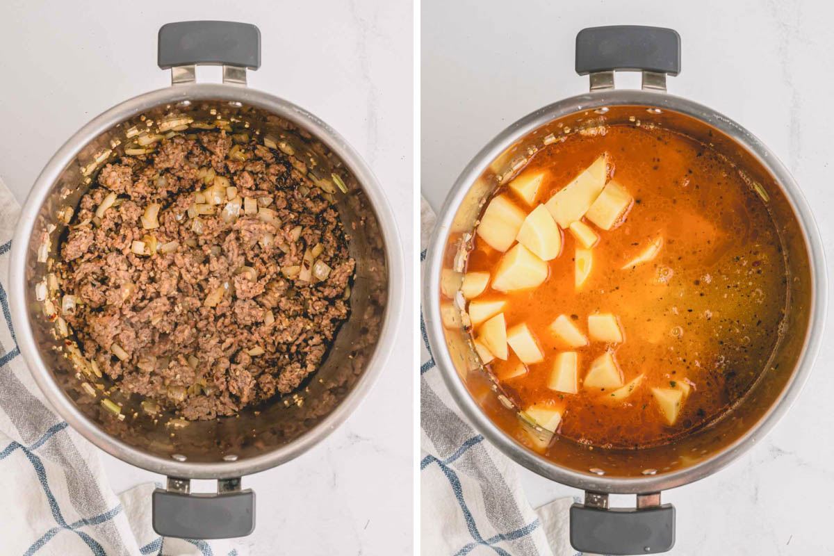 Side by side images of browned sausage in an Instant Pot and potato cubes and stock added.
