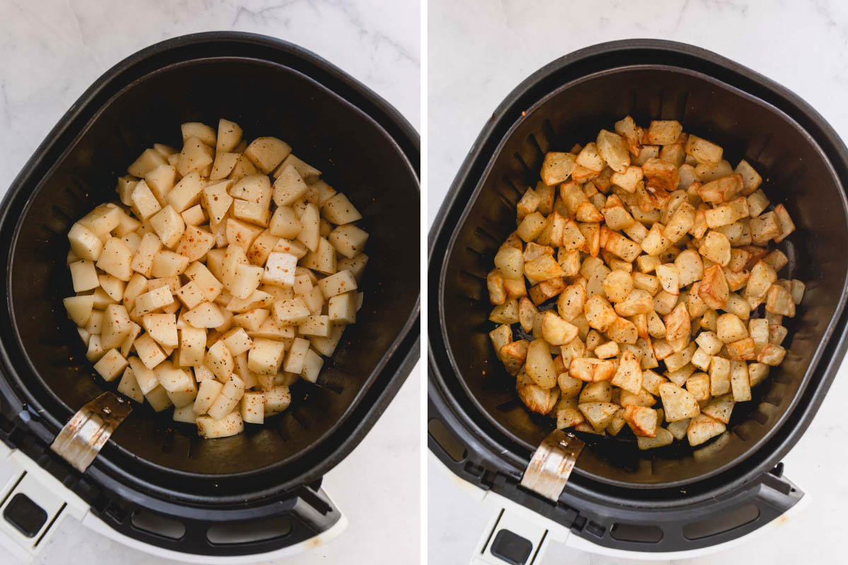 uncooked potatoes in air fryer, roasted potatoes in air fryer.