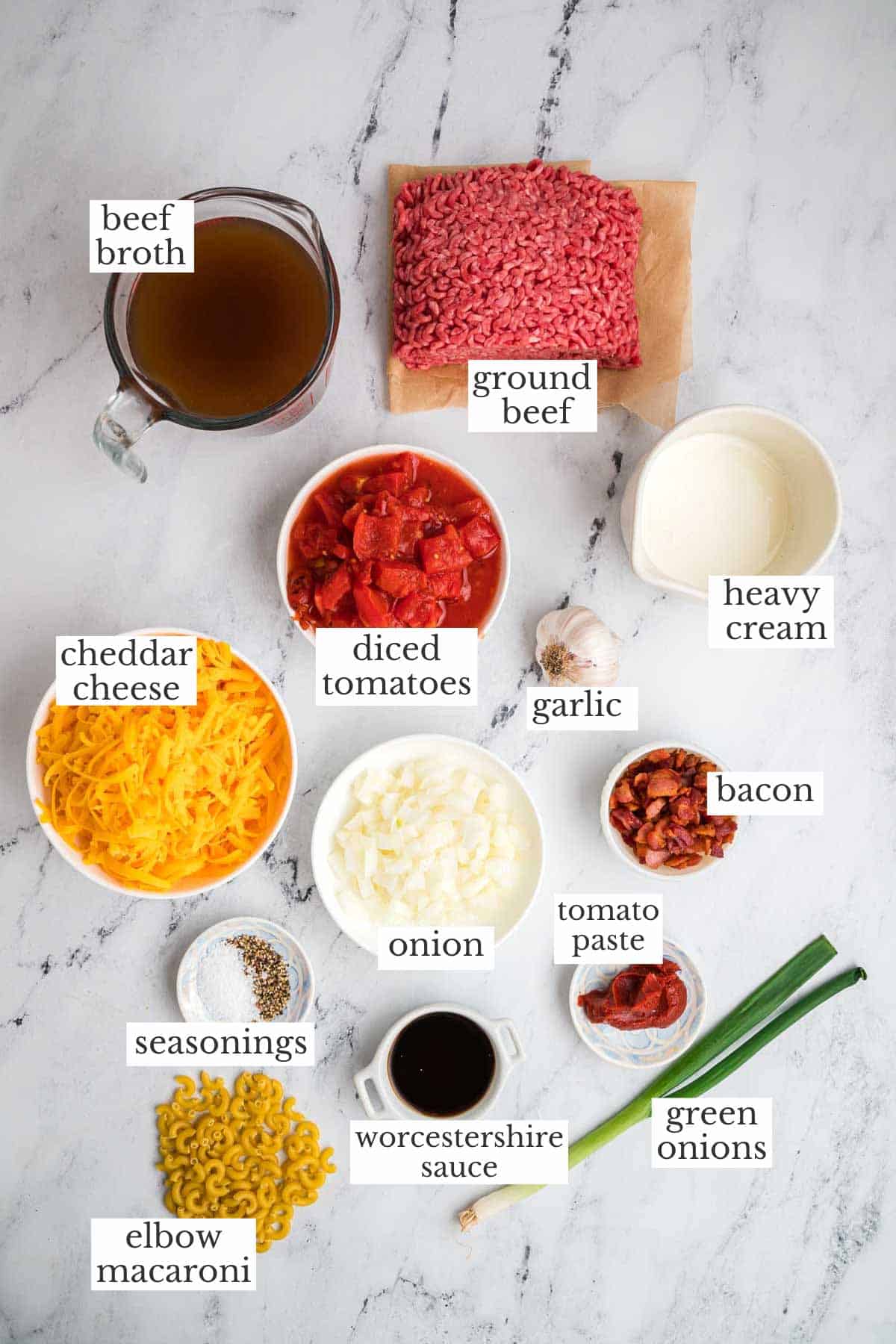 Ingredients for cheeseburger casserole. 