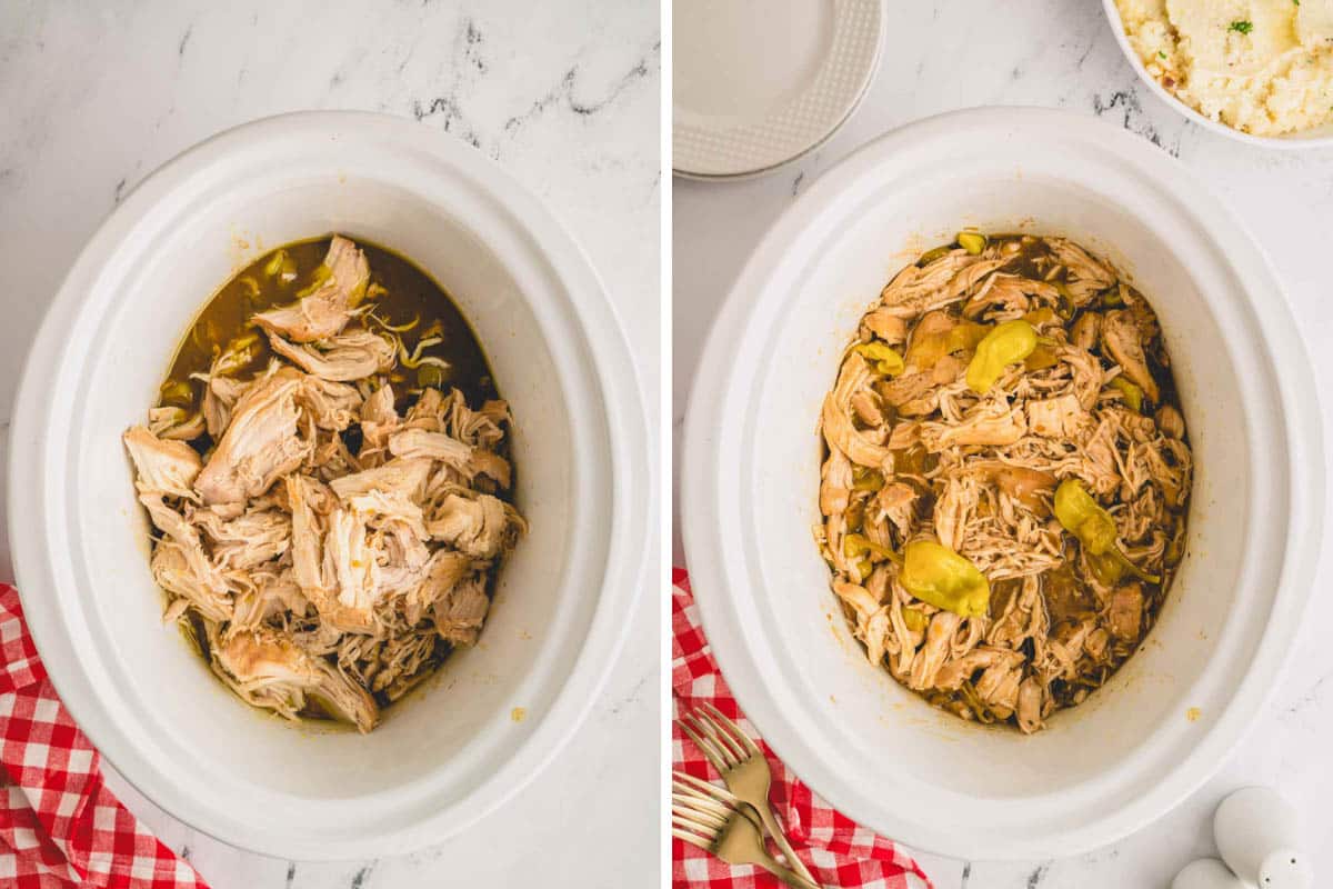 shredded chicken in crockpot with pepperoncinis.