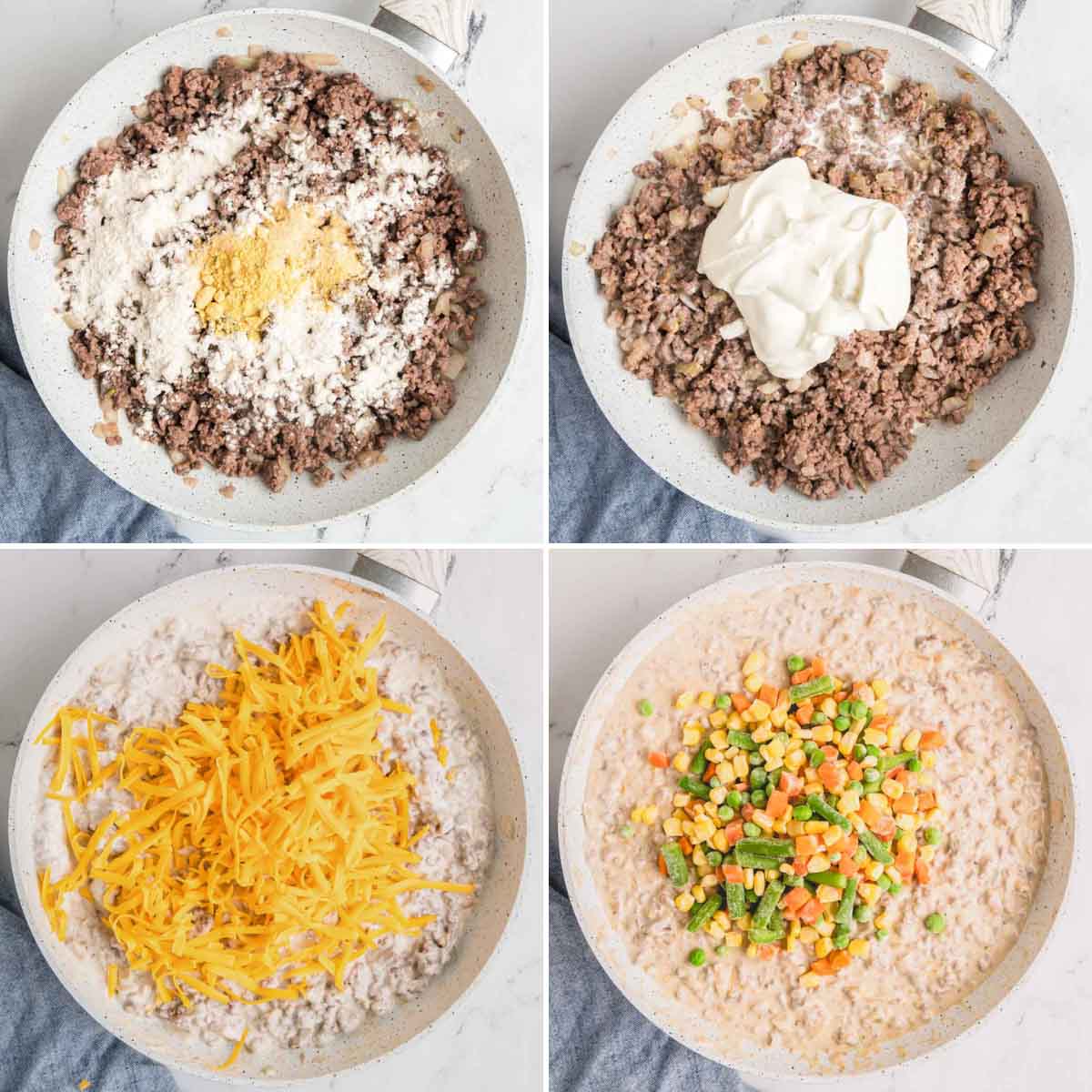 ground beef with sour cream, heavy cream, and cheese.
